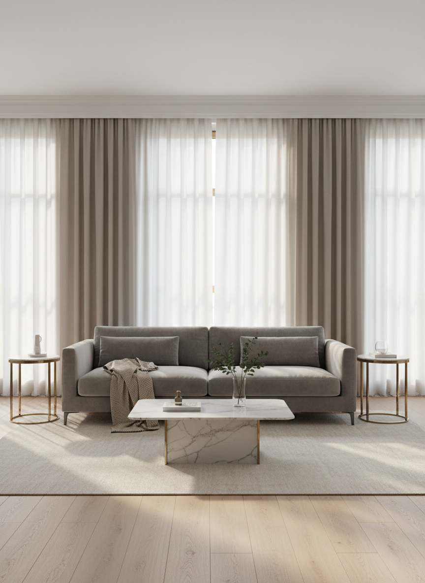 An impeccably staged living room featuring a plush dove-gray velvet sofa with clean lines, accented by a single soft beige throw and metallic gold-trimmed side tables. The room is anchored by a modern, low-profile marble coffee table with minimal decor—a glass vase holding eucalyptus stems. floors are pale oak, and the backdrop is a wall of floor-to-ceiling windows with muted linen drapes. Soft, diffused afternoon light bathes the space, highlighting the subtle texture of fabrics and casting gentle shadows. The composition is centered at eye level, offering an inviting, open feel with elegant, minimalist appeal, and a muted color palette for a sophisticated, elevated real estate experience.